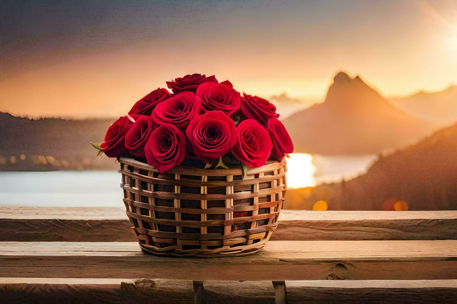 een mand met rood rozen Aan een houten tafel. ai-gegenereerd foto