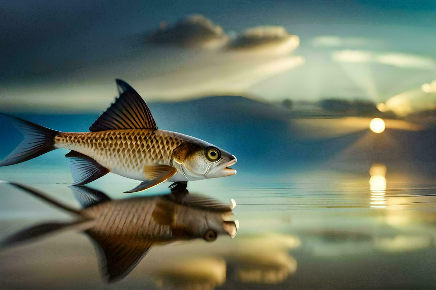 een vis is weerspiegeld in de water Bij zonsondergang. ai-gegenereerd foto