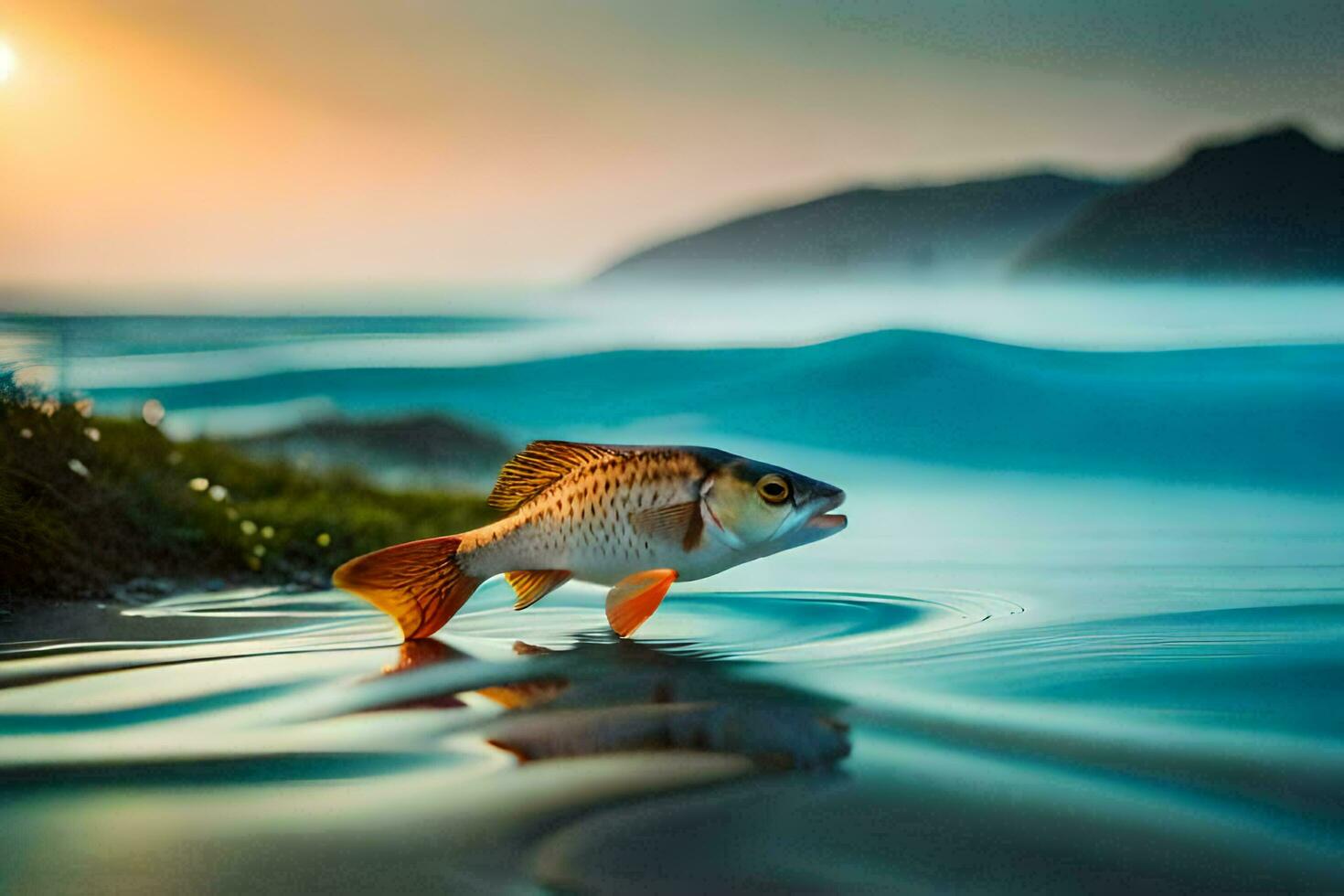 een vis is staand Aan de strand Bij zonsondergang. ai-gegenereerd foto