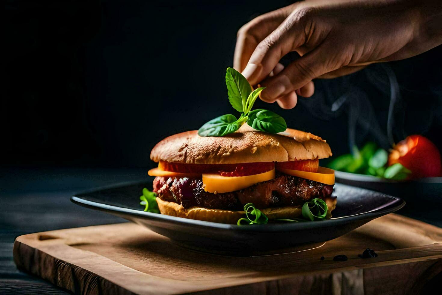 een persoon is plaatsen een hamburger Aan een bord. ai-gegenereerd foto