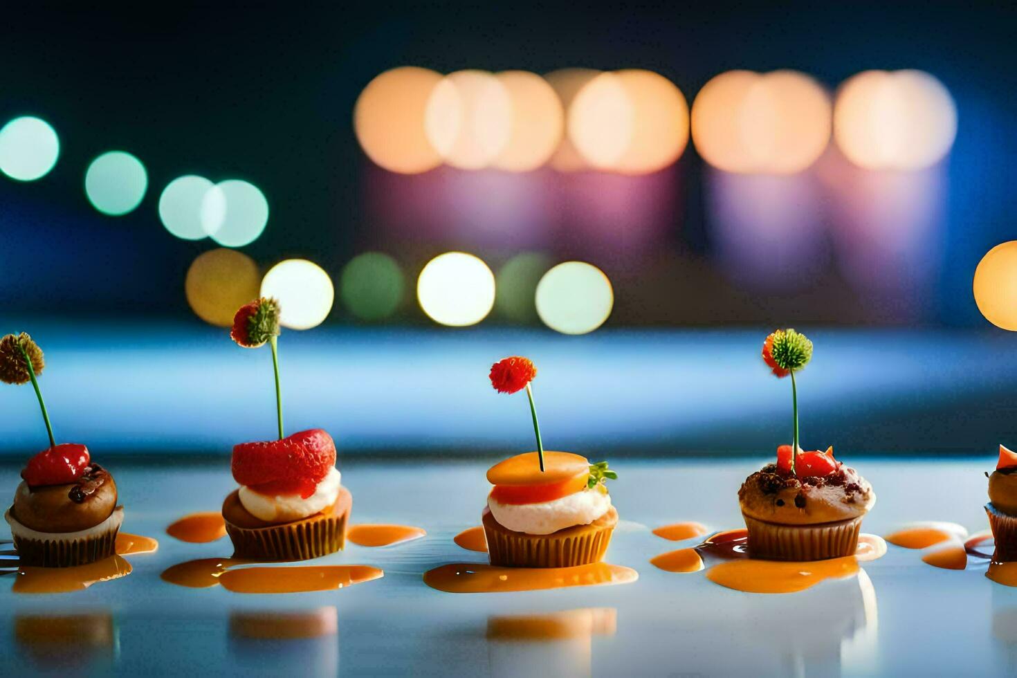 een rij van mini desserts Aan een tafel. ai-gegenereerd foto