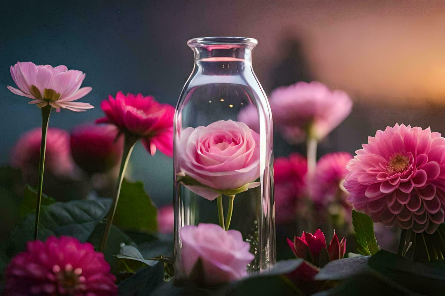 roze bloemen in een fles met een zonsondergang in de achtergrond. ai-gegenereerd foto
