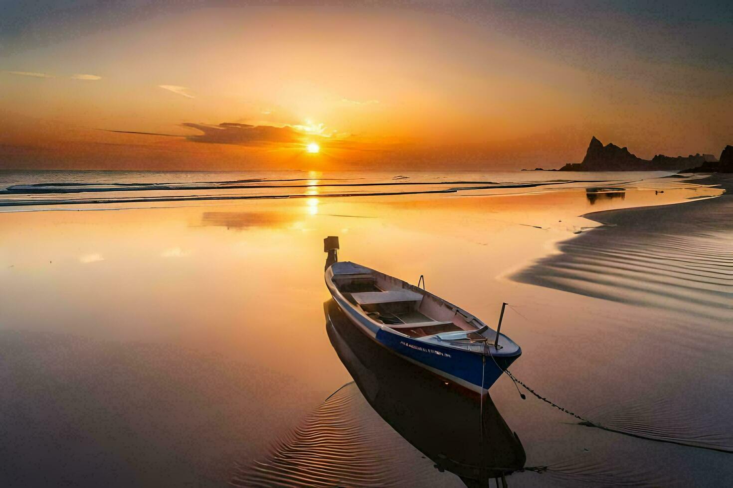 een boot zit Aan de strand Bij zonsondergang. ai-gegenereerd foto