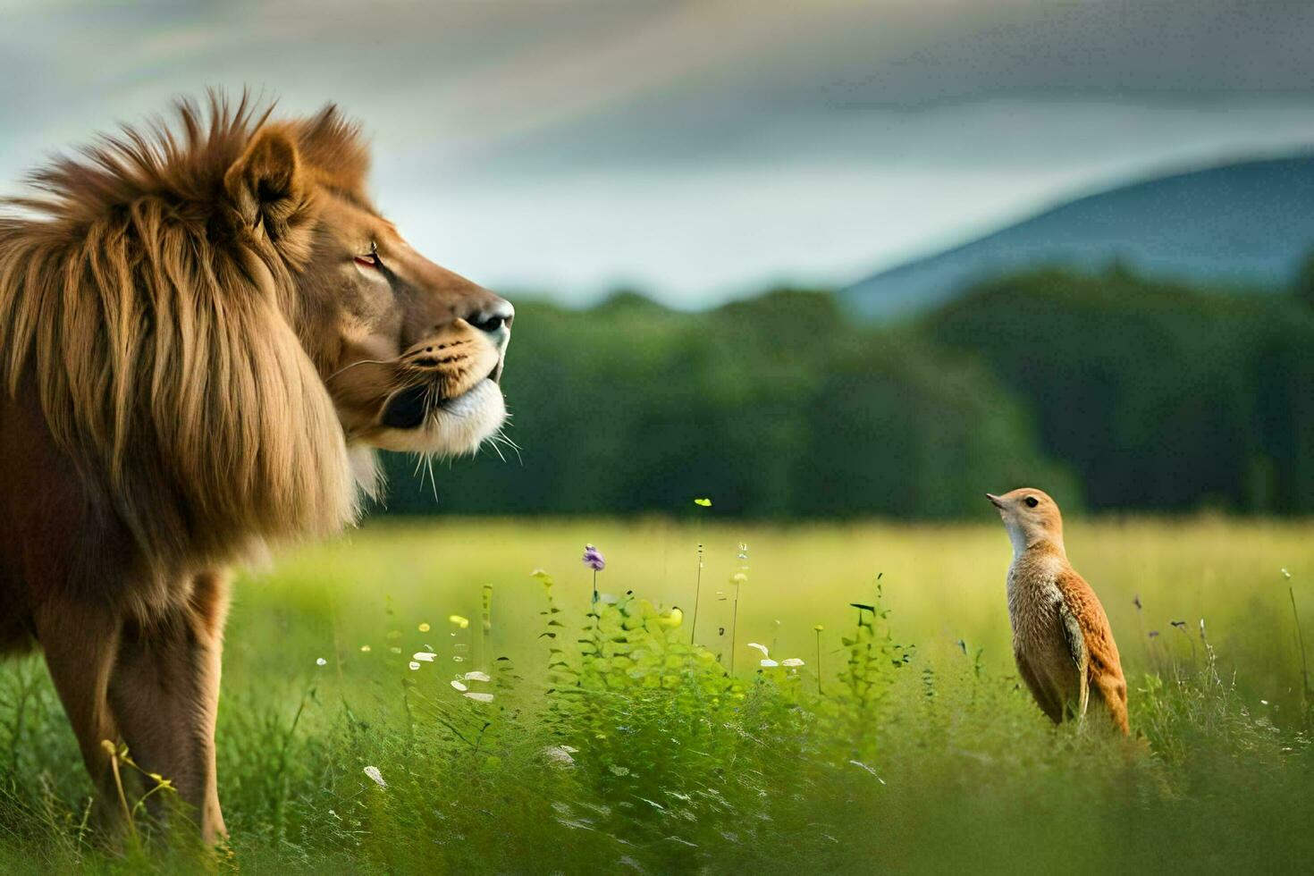 de leeuw en de vogel. ai-gegenereerd foto
