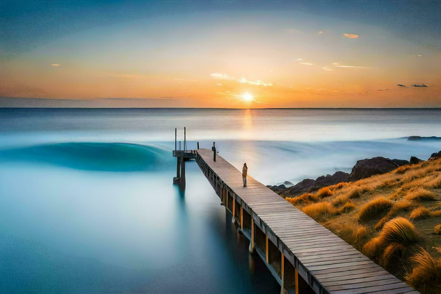 de zon sets over- een houten pier in de oceaan. ai-gegenereerd foto