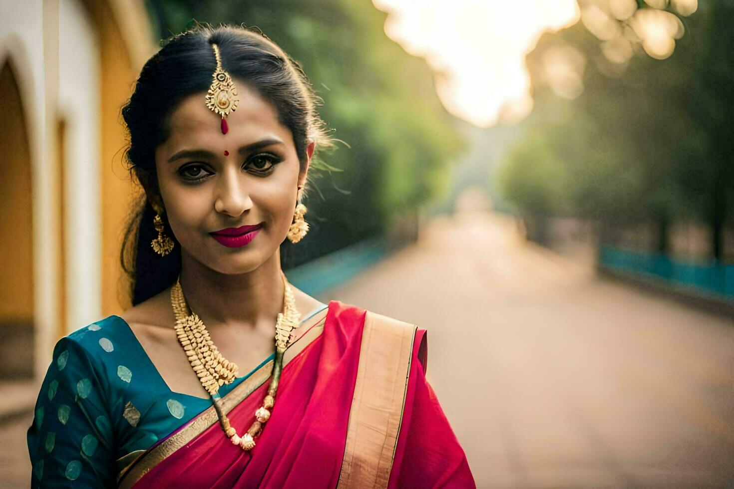 een mooi Indisch vrouw in een rood sari. ai-gegenereerd foto