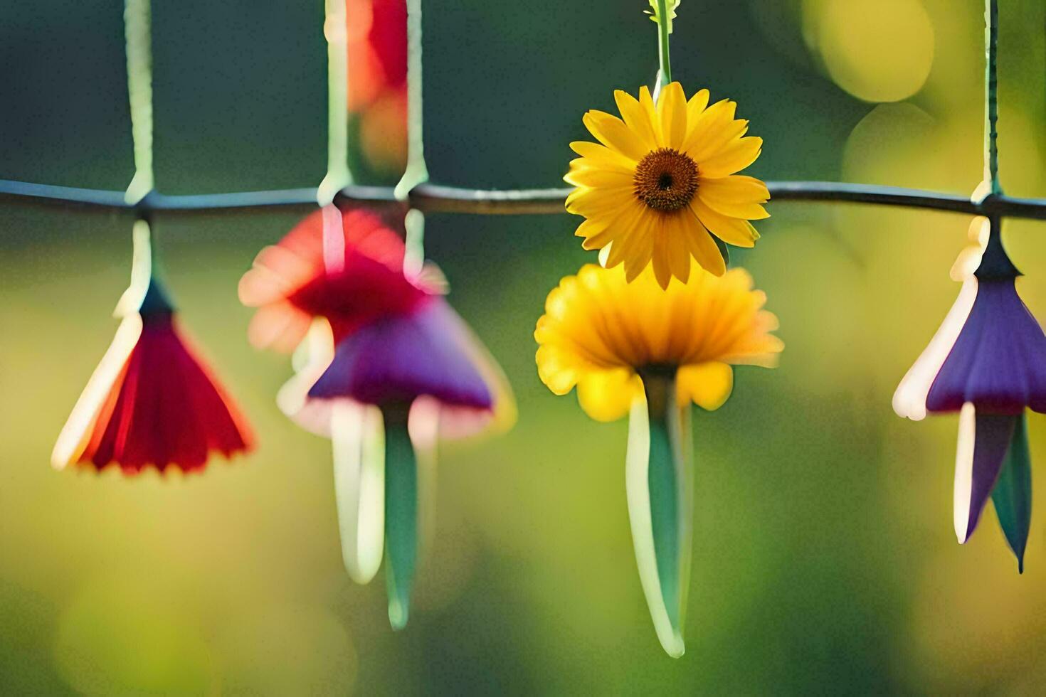kleurrijk bloemen hangende van een draad. ai-gegenereerd foto