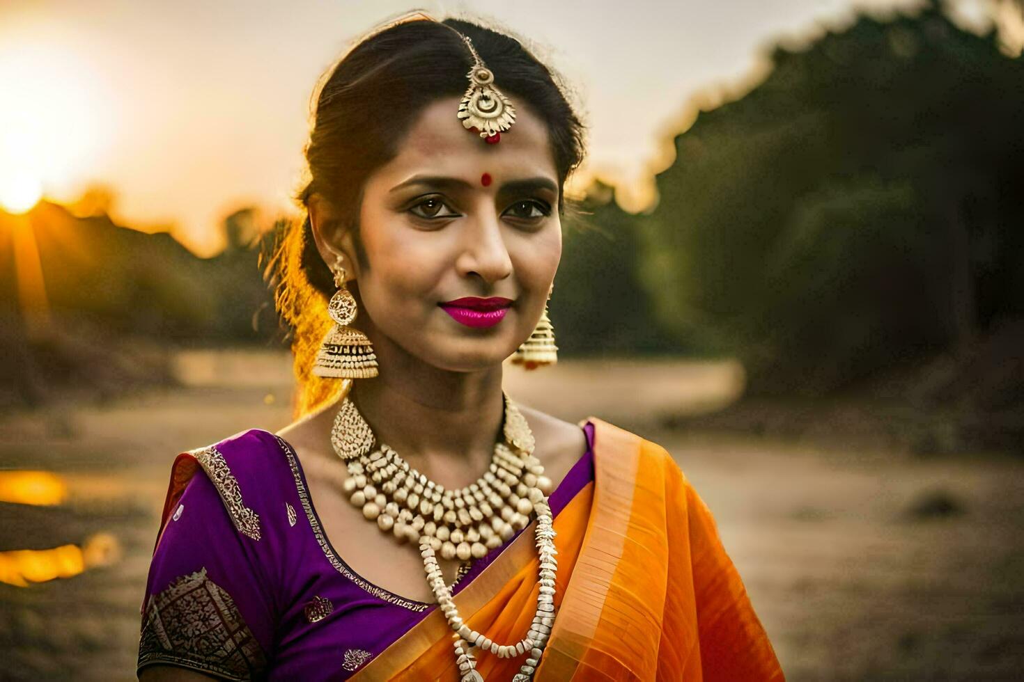 een mooi Indisch vrouw in een oranje sari. ai-gegenereerd foto