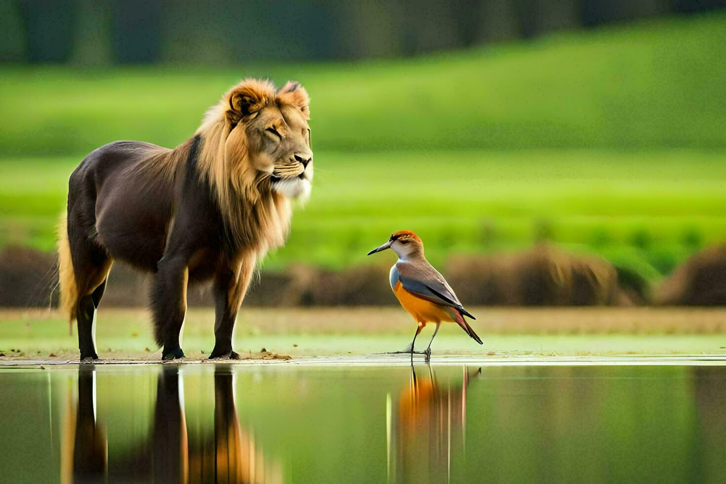 de leeuw en de vogel. ai-gegenereerd foto