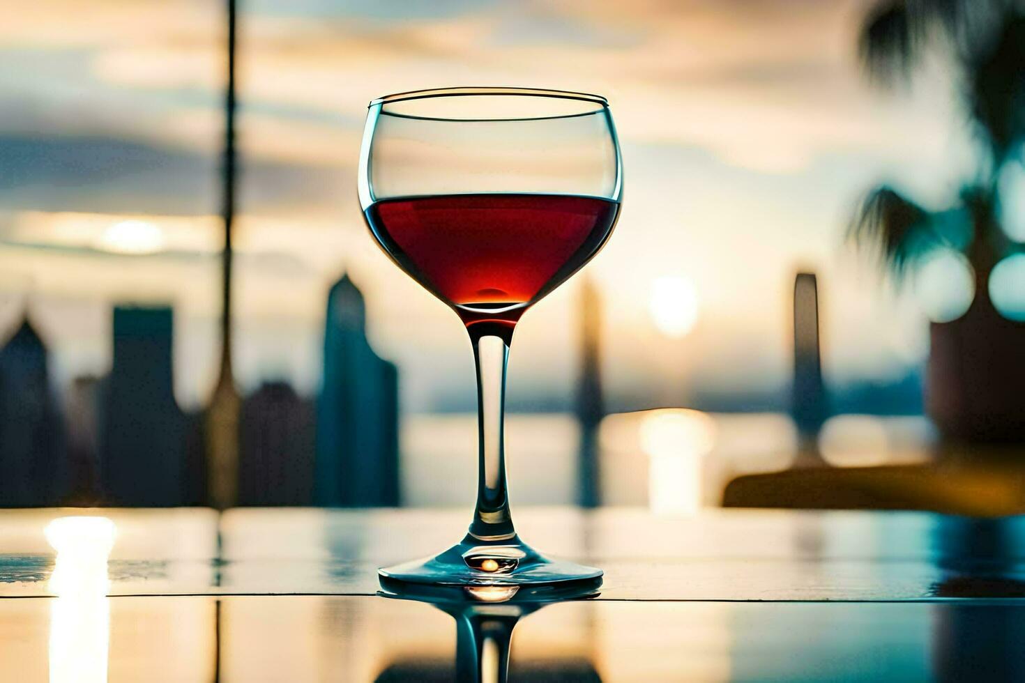 een glas van rood wijn Aan een tafel in voorkant van een stad horizon. ai-gegenereerd foto