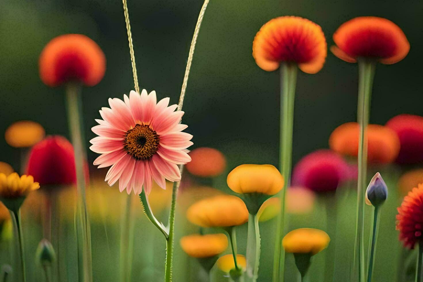 een veld- van kleurrijk bloemen met een single roze bloem. ai-gegenereerd foto