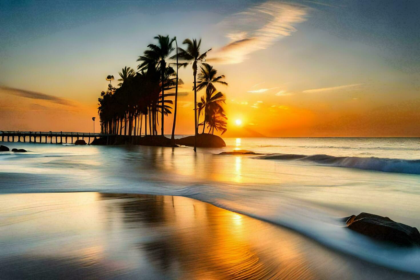 de zon sets over- de oceaan en palm bomen. ai-gegenereerd foto