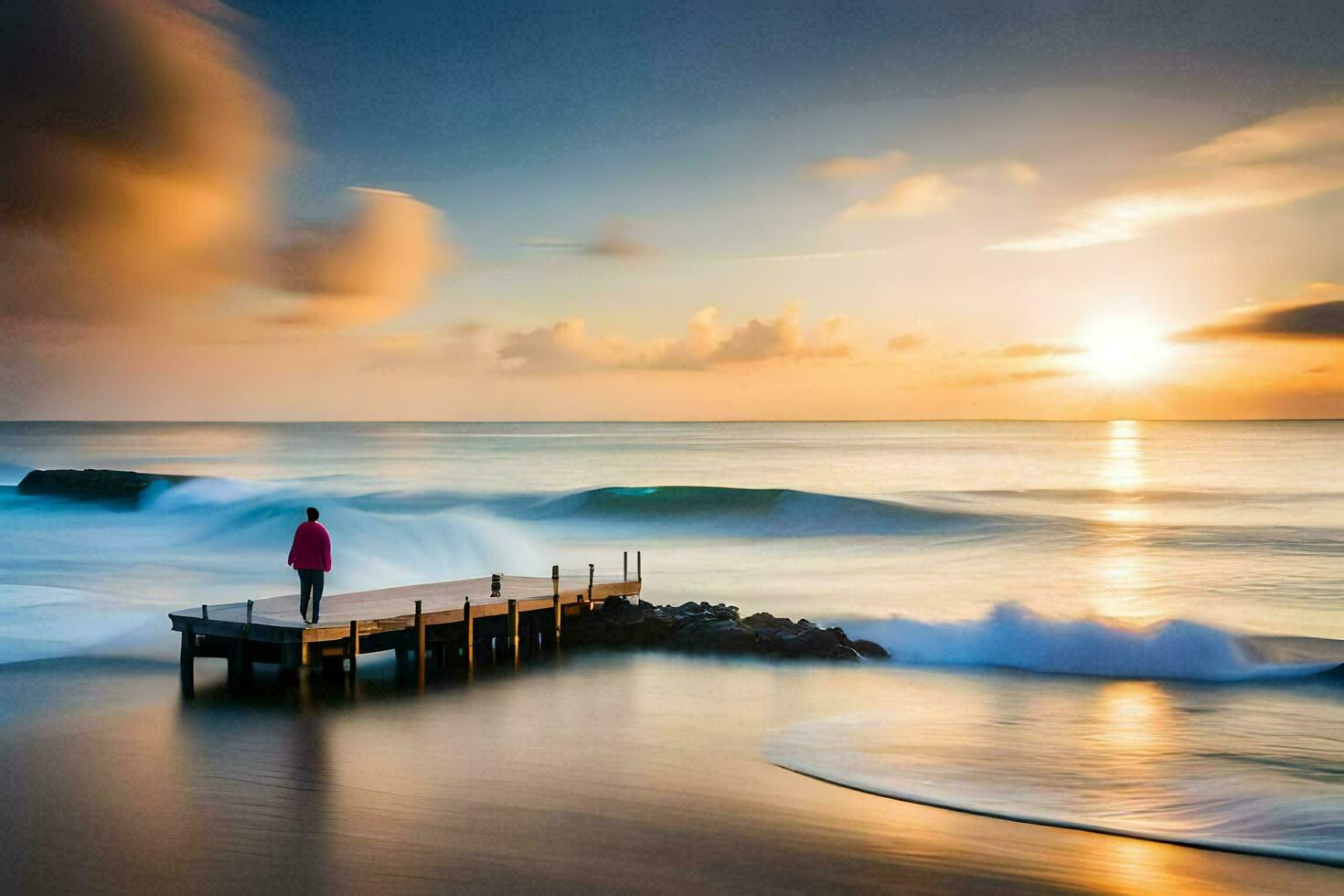 een Mens staat Aan een pier op zoek Bij de oceaan Bij zonsondergang. ai-gegenereerd foto