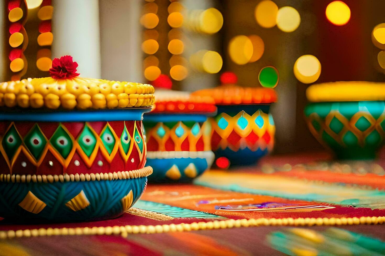 kleurrijk potten Aan een tafel met lichten in de achtergrond. ai-gegenereerd foto