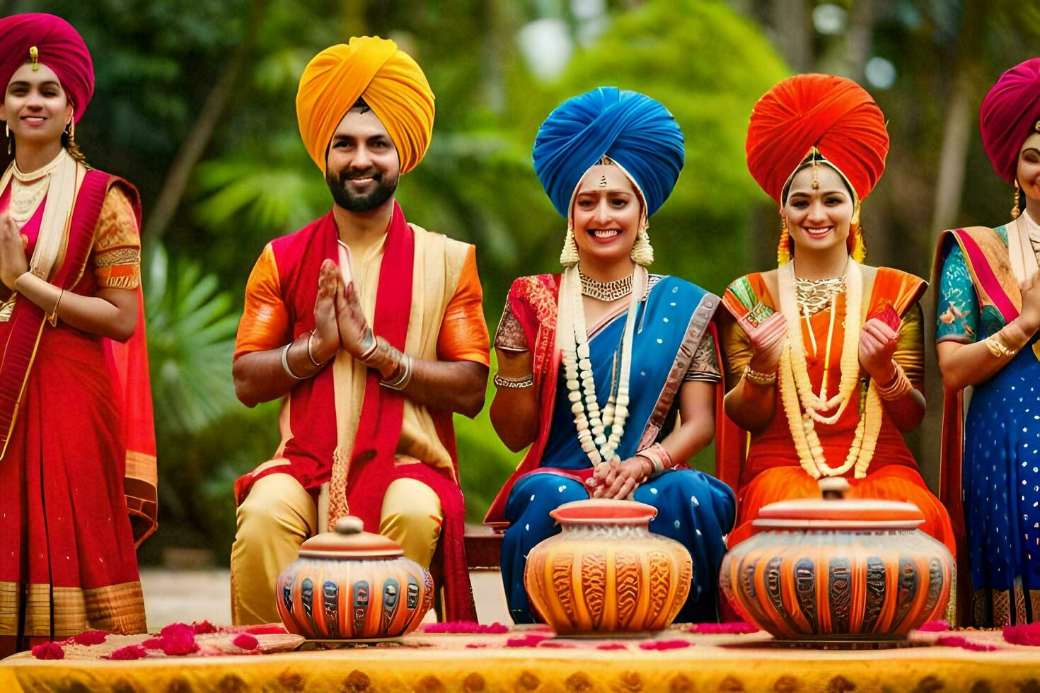 Indisch bruiloft partij in kleurrijk traditioneel outfits. ai-gegenereerd foto