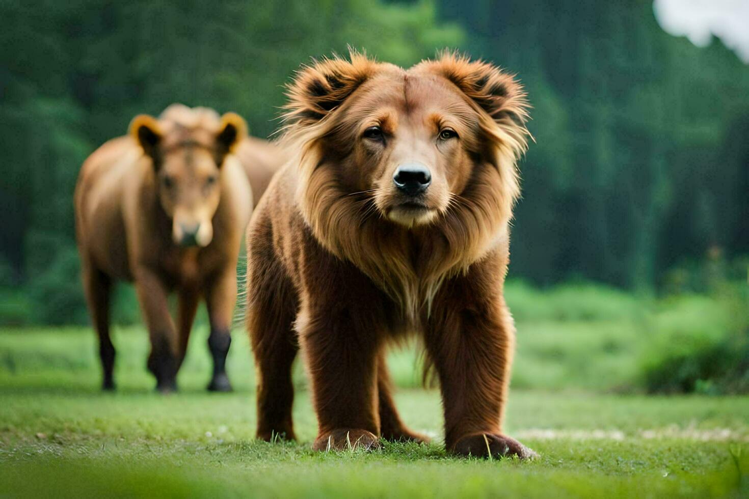 een bruin hond en een bruin beer wandelen in de gras. ai-gegenereerd foto