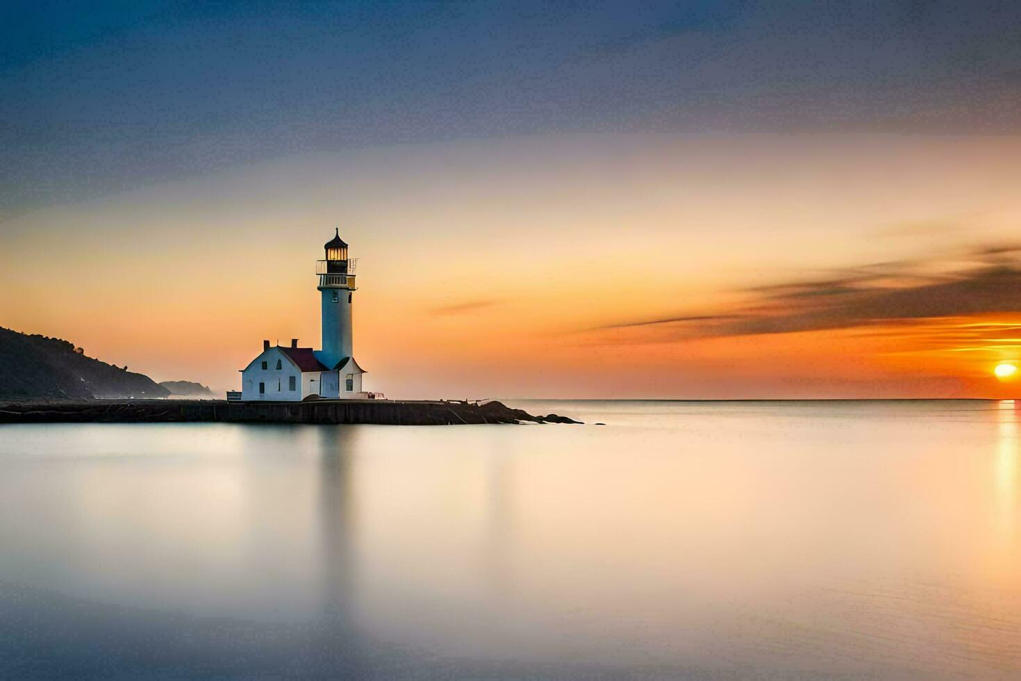 een vuurtoren staat Aan de kust van een lichaam van water. ai-gegenereerd foto