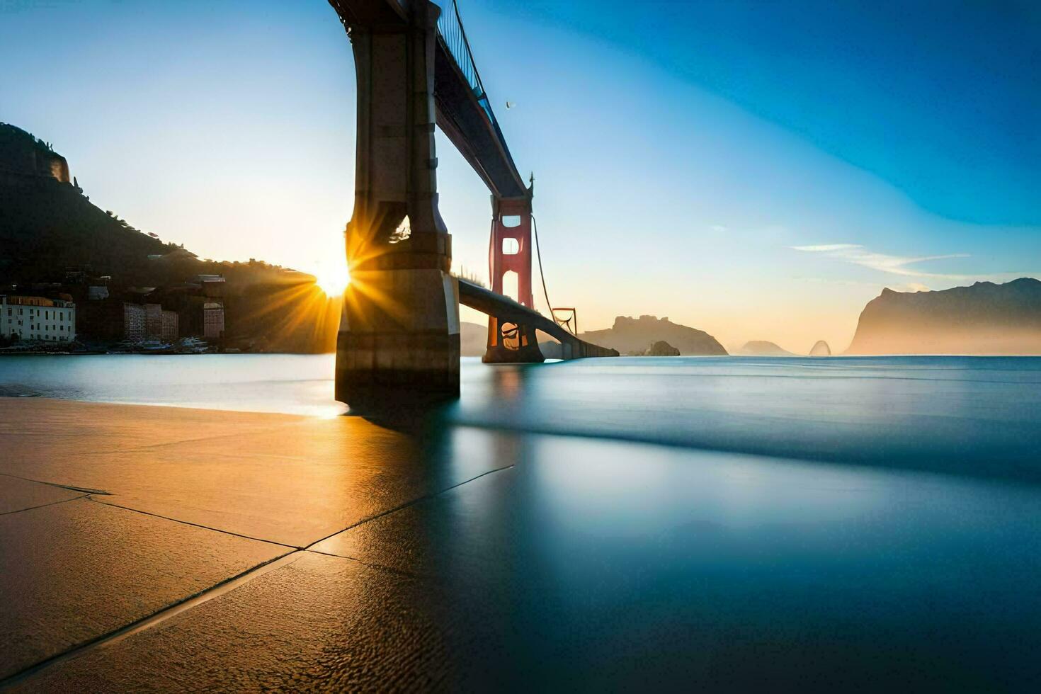 de gouden poort brug Bij zonsondergang. ai-gegenereerd foto