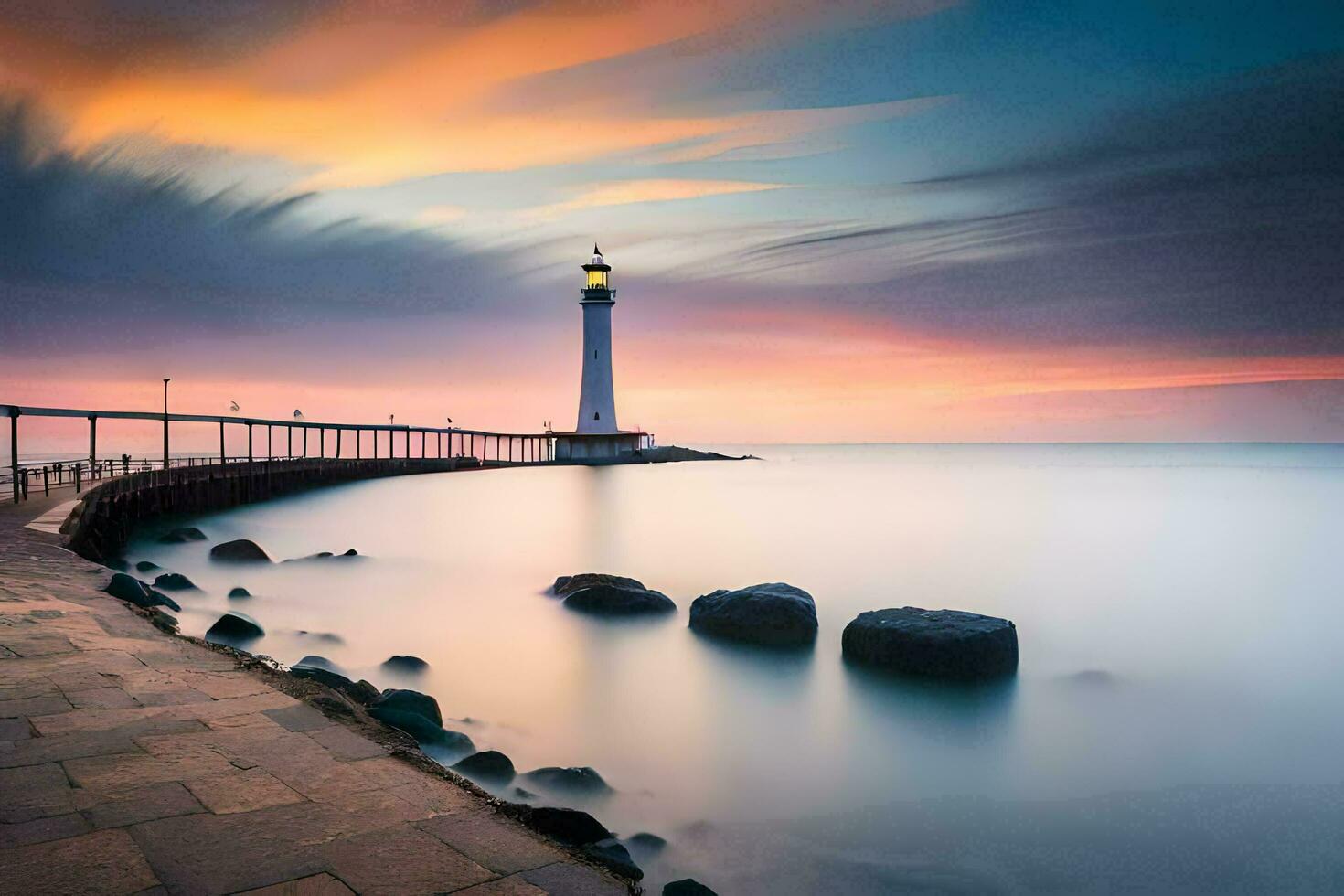 een vuurtoren staat Aan de kust van de oceaan Bij zonsondergang. ai-gegenereerd foto