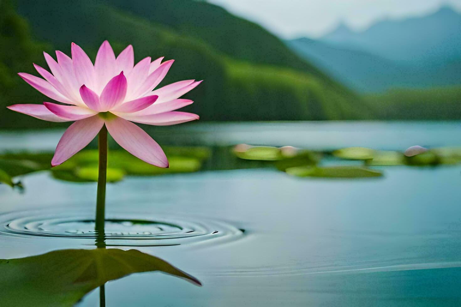 een roze lotus bloem is drijvend in de water. ai-gegenereerd foto