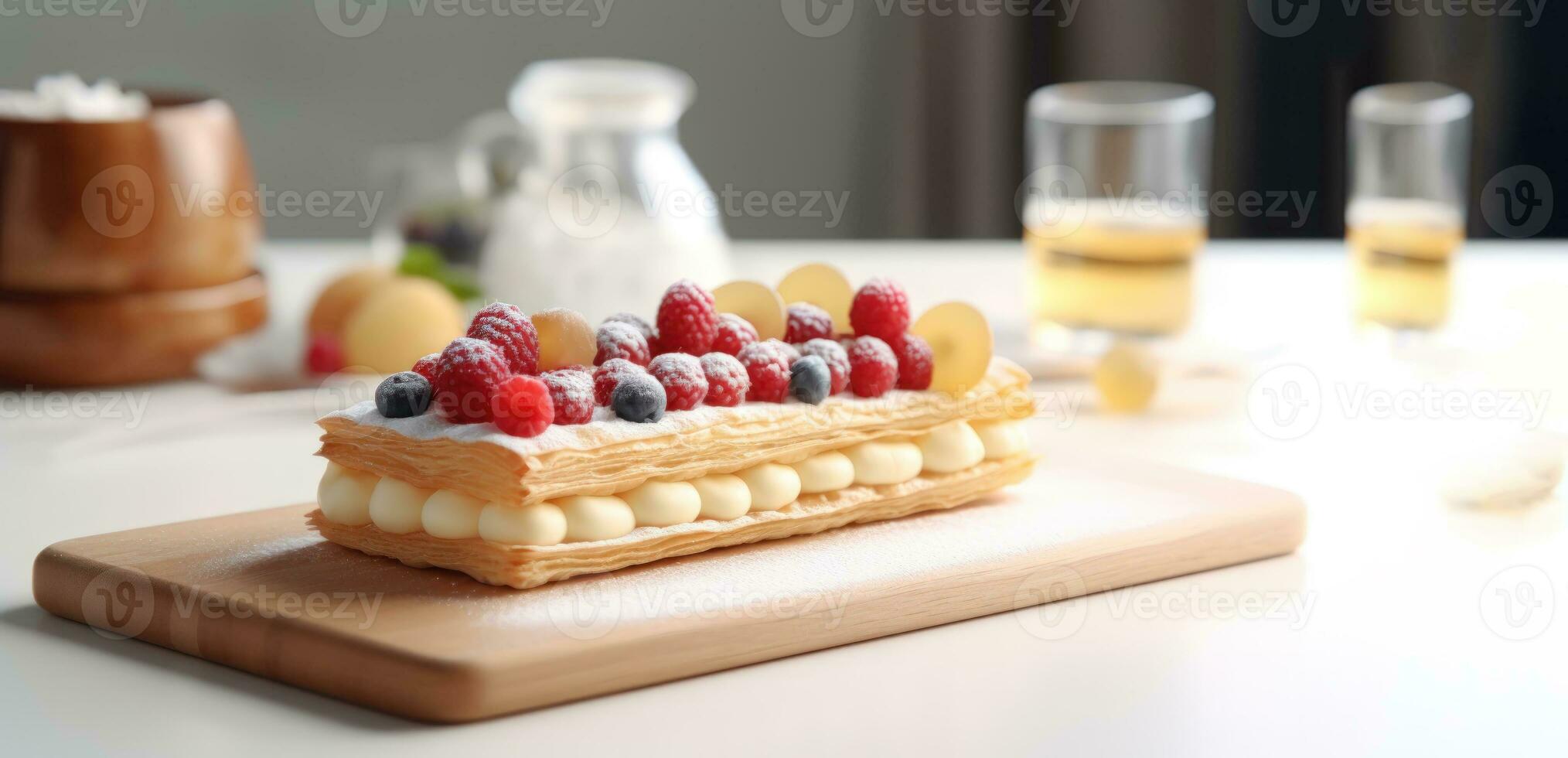 mille feuille Aan houten bord met kopiëren ruimte ai gegenereerd foto