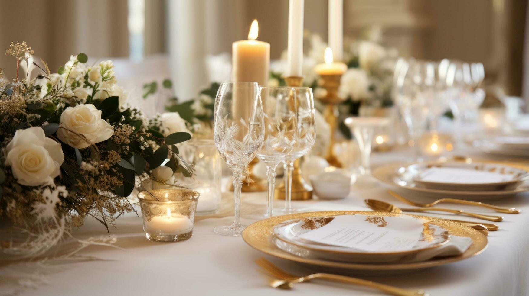 elegant goud en wit tafel instelling met krans en kaarsen foto