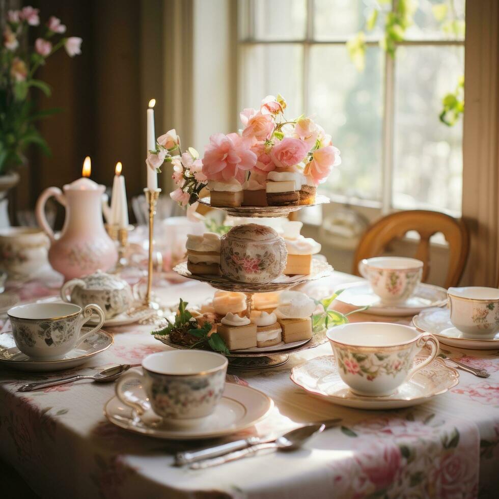 vintage-geïnspireerd thee partij met delicaat China en bloemen centerpieces foto