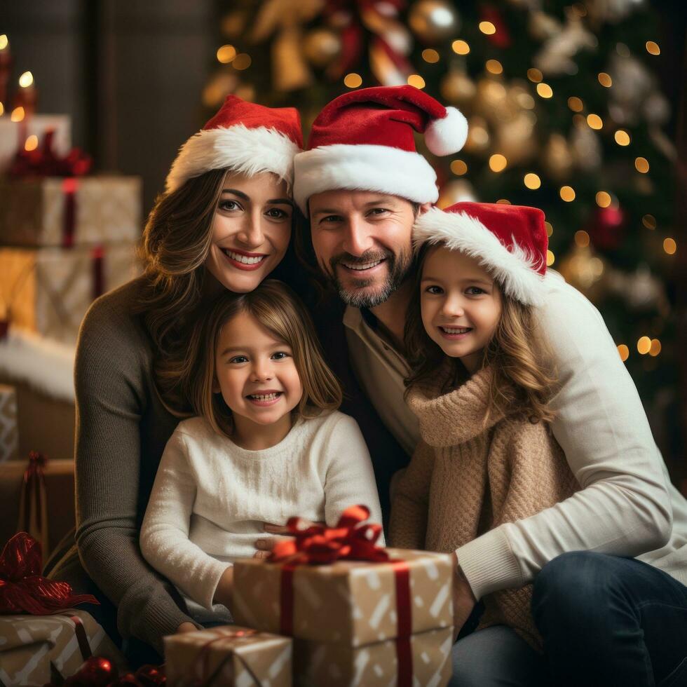 gelukkig familie in de kerstman hoeden met cadeaus en decoraties foto