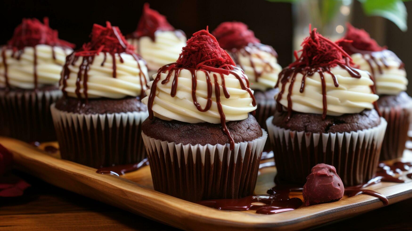 rood fluweel cupcakes met room kaas glimmertjes en chocola motregen foto