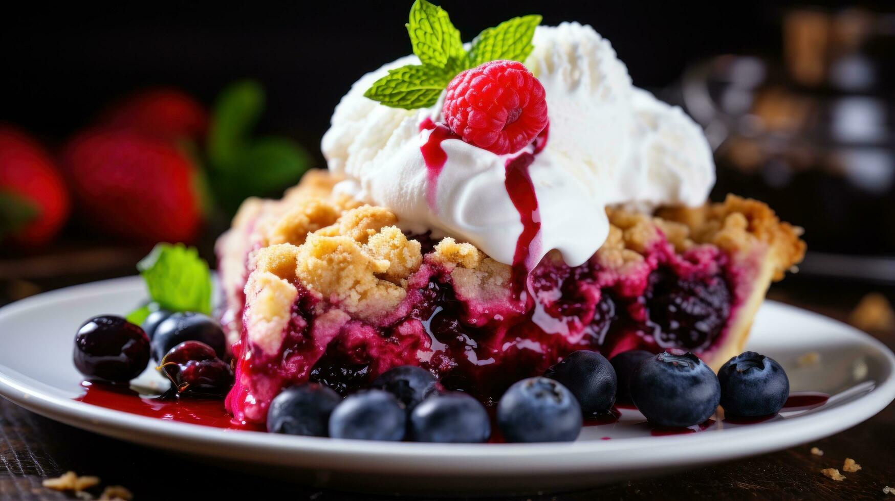 gemengd BES taart met streusel topping, een kleurrijk en fruitig toetje foto