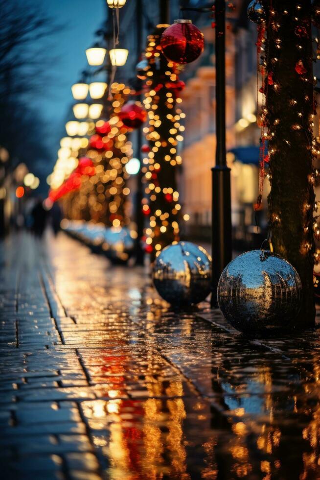 kleurrijk Kerstmis lichten en decoraties Aan een stad straat foto
