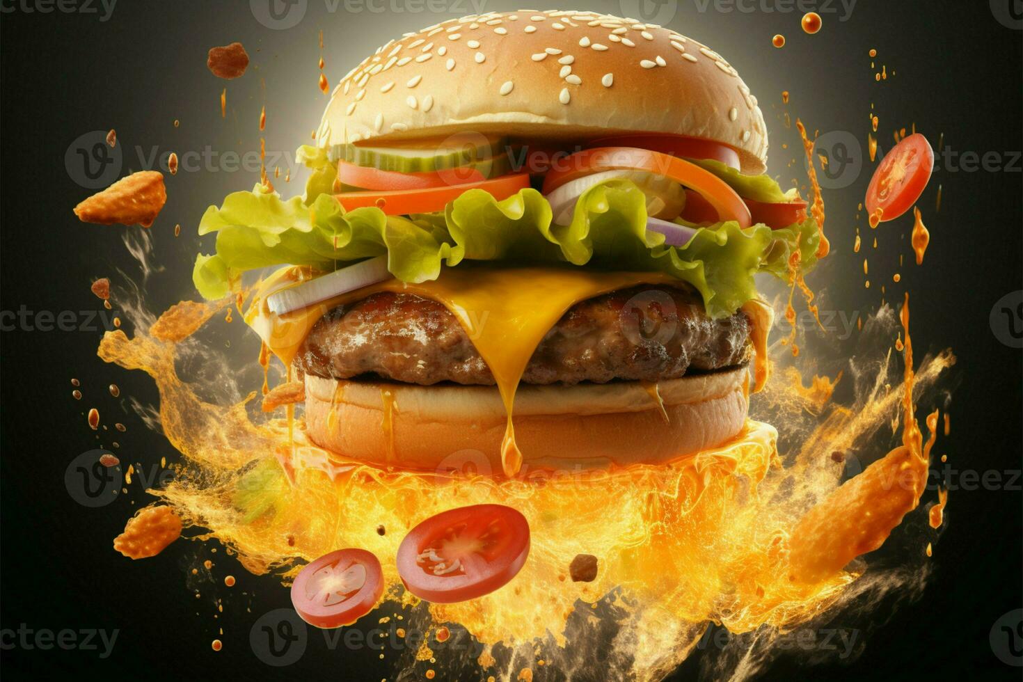 een hamburger tarten zwaartekracht, met verleidelijk toppings nemen vlucht ai gegenereerd foto