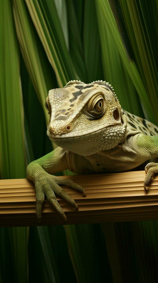 gecamoufleerd kameleon Aan bamboe ai gegenereerd foto