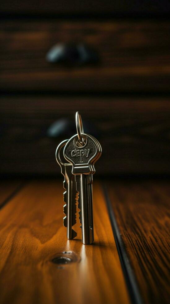 huis sleutel en sleutelhanger Aan houten tafel verticaal mobiel behang ai gegenereerd foto