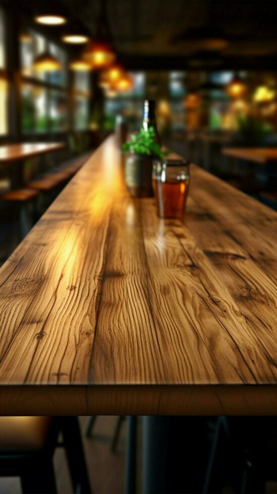 top visie van een houten tafel tegen een wazig bar interieur verticaal mobiel behang ai gegenereerd foto