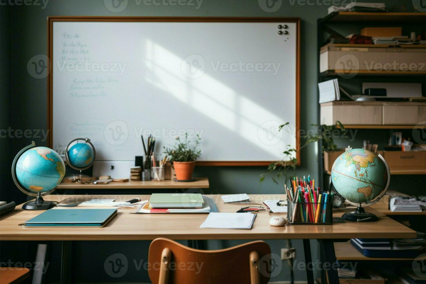 een klas bureau houdt georganiseerd briefpapier, geprimed voor academisch verloving ai gegenereerd foto