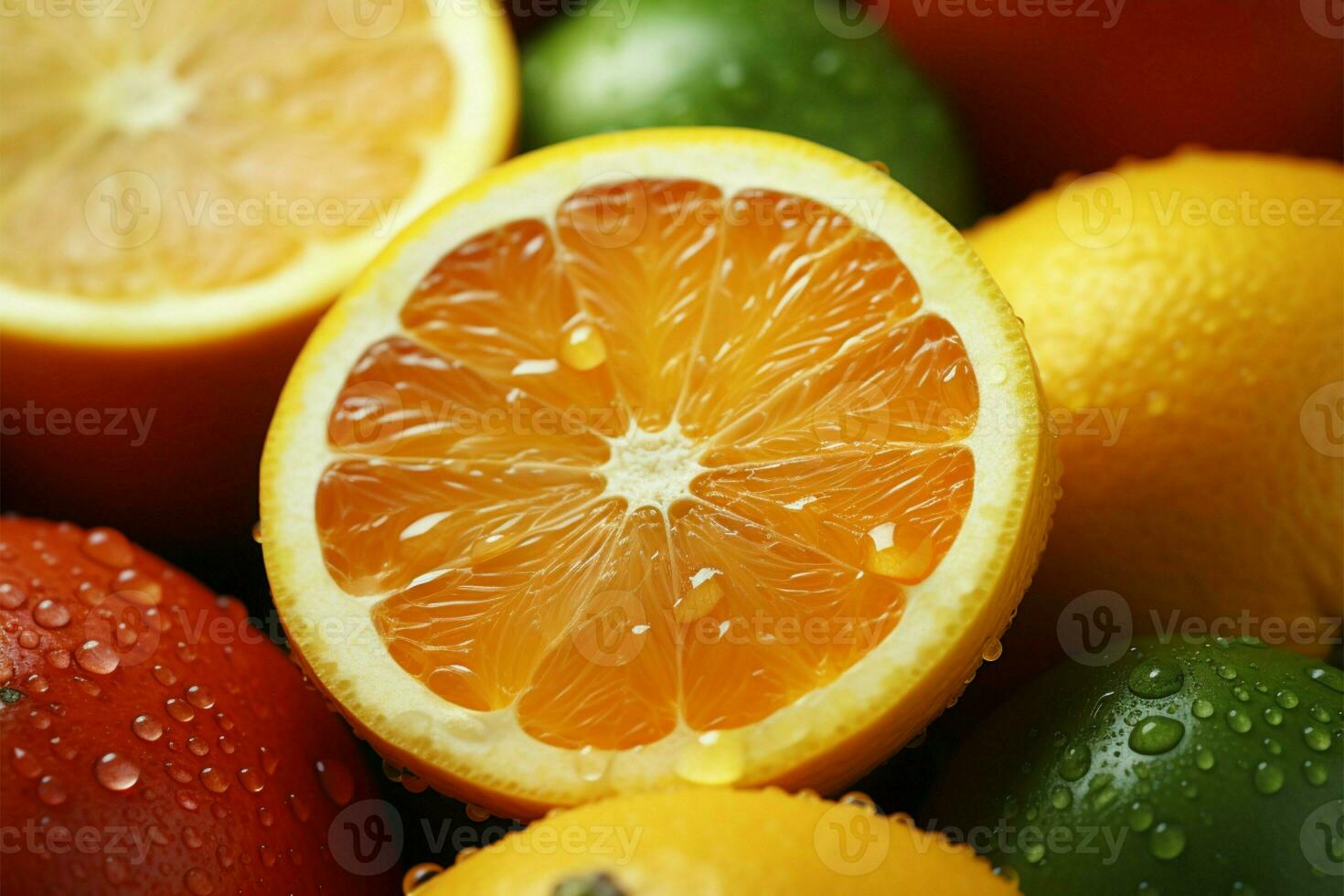 gedetailleerd dichtbij omhoog onthult de verfrissend in beroep gaan van citrus fruit plakjes ai gegenereerd foto