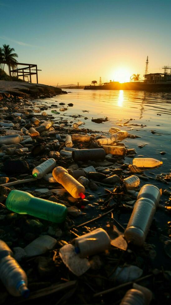 strand verontreiniging afgebeeld met plastic flessen en uitschot rommel de kustlijn verticaal mobiel behang ai gegenereerd foto