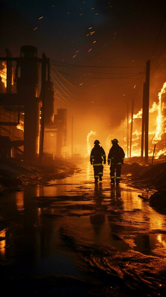 industrieel tafereel brandweerlieden dienst ronddraaien mist naar temmen olie vuur, beteugelen potentieel inferno verticaal mobiel behang ai gegenereerd foto