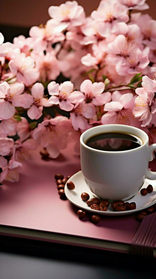 notitieboekje, bloemen en koffie over- de roze tafel verticaal mobiel behang ai gegenereerd foto