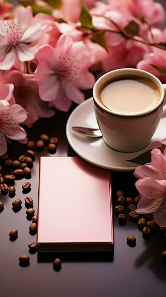 notitieboekje, bloemen en koffie over- de roze tafel verticaal mobiel behang ai gegenereerd foto