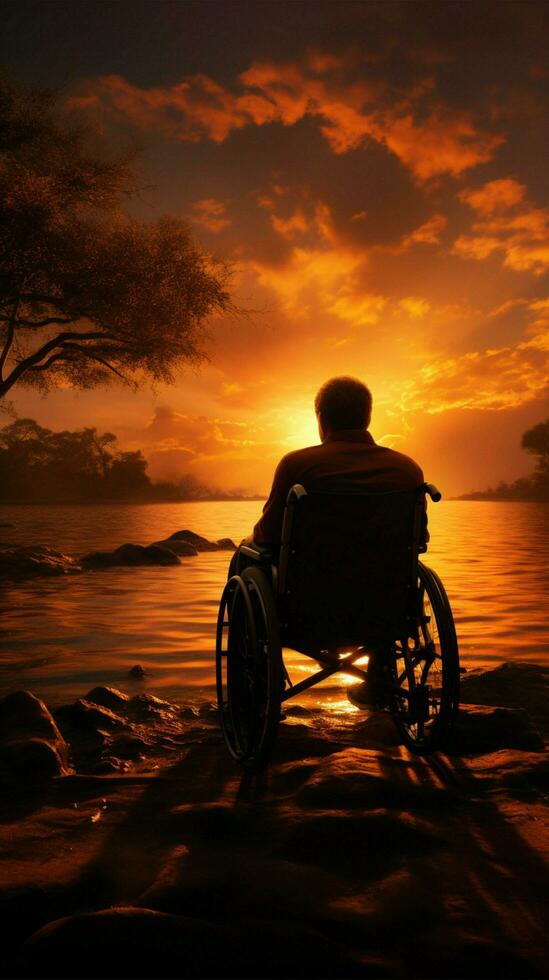zonsondergang backdrop vitrines rolstoel silhouet, belichamen sterkte in tegenslag en veerkracht verticaal mobiel behang ai gegenereerd foto