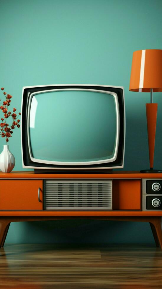 levendig contrast, retro oranje TV Aan hout tafel tegen munt blauw achtergrond verticaal mobiel behang ai gegenereerd foto