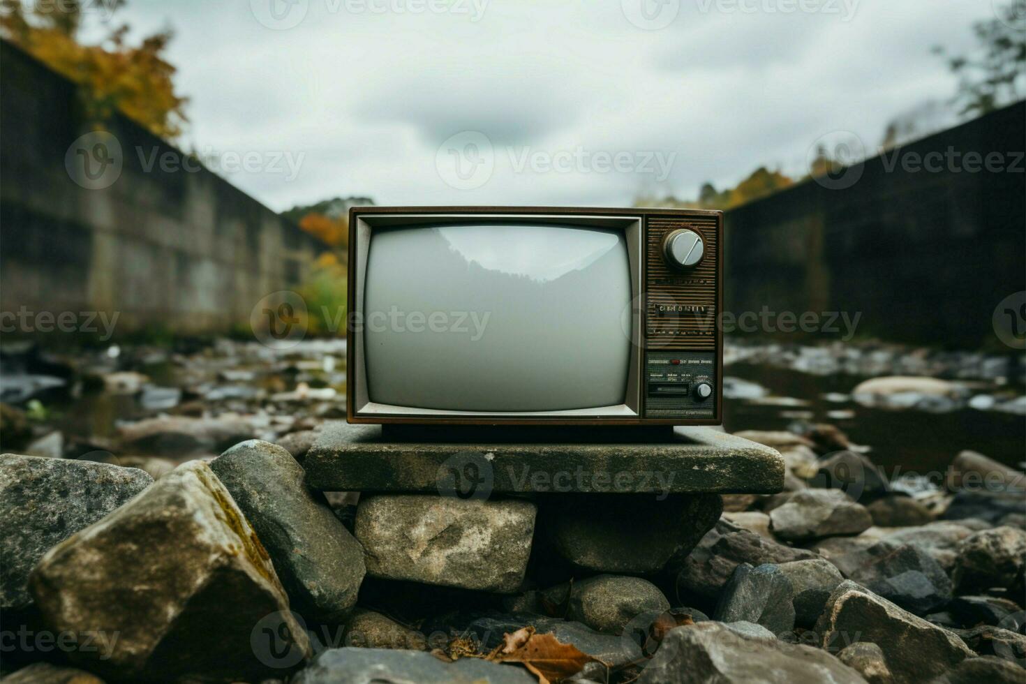 klassiek TV geplaatst Aan een steen oppervlak, oproepen tot een vervlogen tijdperk ai gegenereerd foto