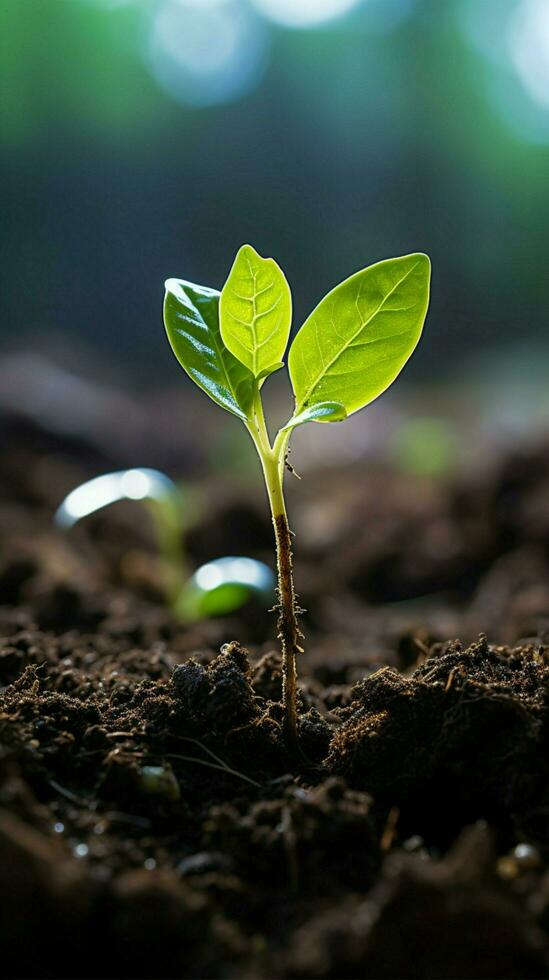 detailopname, bodem omarmt jong plant, aard belofte van groei en vitaliteit verticaal mobiel behang ai gegenereerd foto