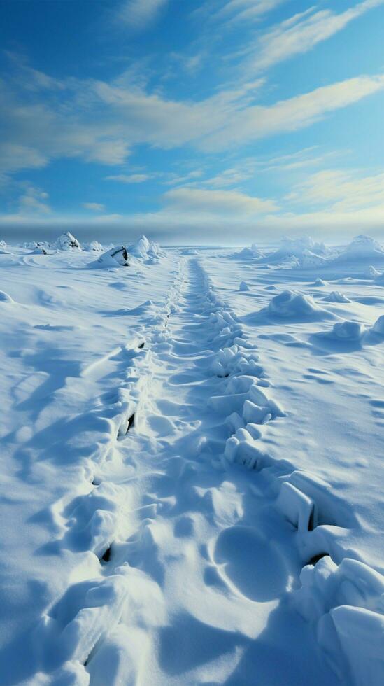 menselijk voetafdrukken in de sneeuw beklimming in de heuvel verticaal mobiel behang ai gegenereerd foto