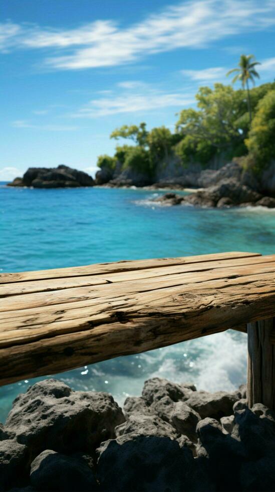 eiland ga weg houten tafel rust tegen wazig zee eiland backdrop onder blauw lucht verticaal mobiel behang ai gegenereerd foto