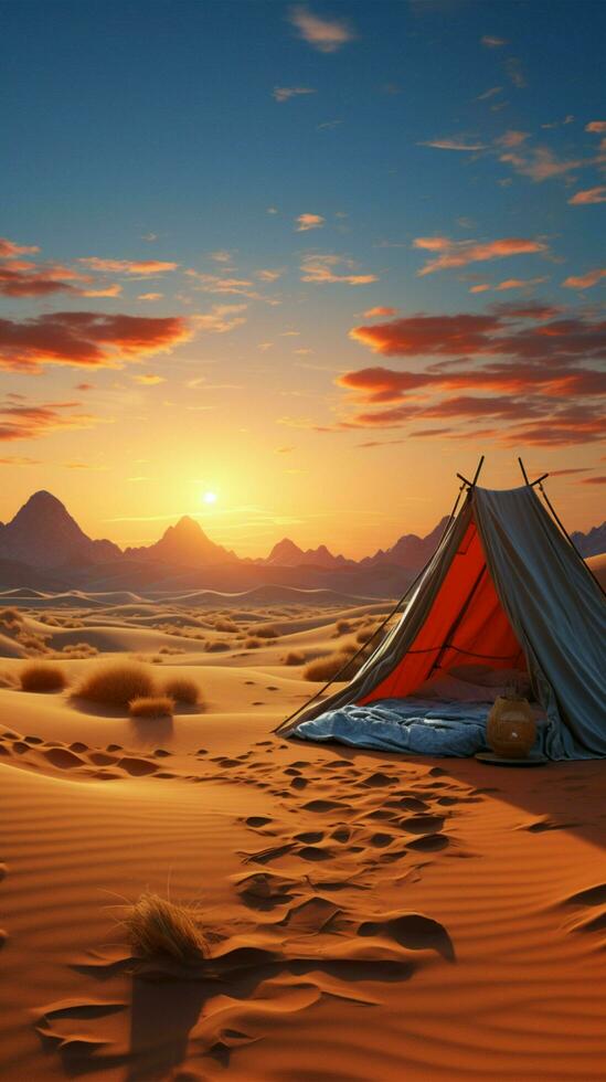 kalmte van de zand camping geïsoleerd in woestijnen stil uitgestrektheid, verwijderd van beschaving verticaal mobiel behang ai gegenereerd foto