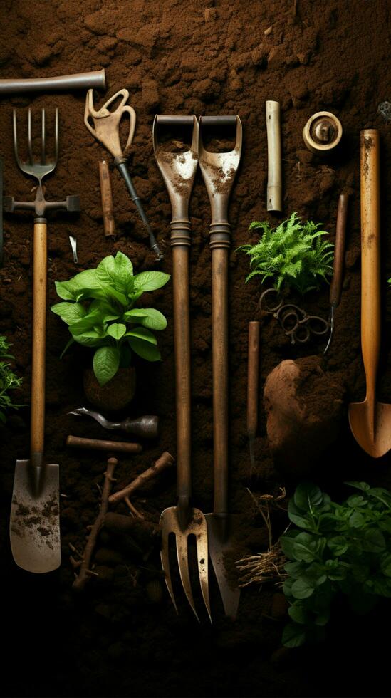bodem en gereedschap van bovenstaande, tuinieren werktuigen Aan rijk bodem achtergrond, afbeelden aanplant verticaal mobiel behang ai gegenereerd foto