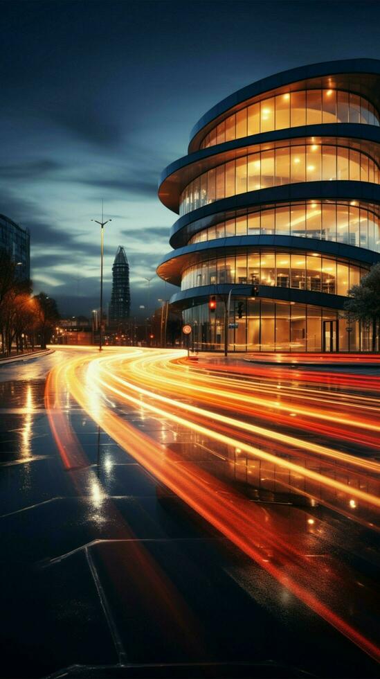 de licht trails Aan de modern gebouw achtergrond verticaal mobiel behang ai gegenereerd foto